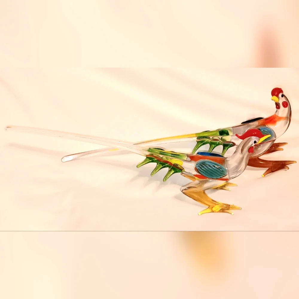 Set Of 2 Handblown Glass Bird Chicken Figure Multi Color Rooster Exotic Bird